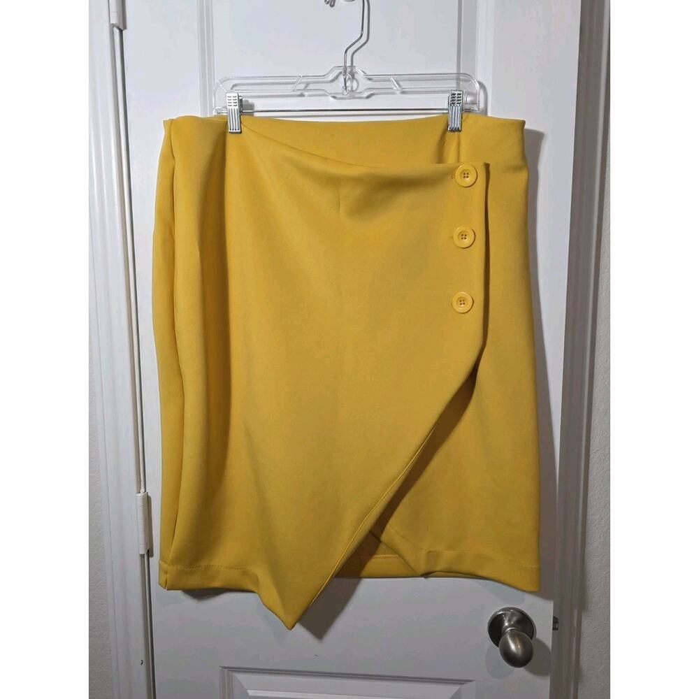 Faux Wrap Pencil Skirt Womens XL Yellow Button Detail Asymmetrical Est 1946 - Picture 2 of 11